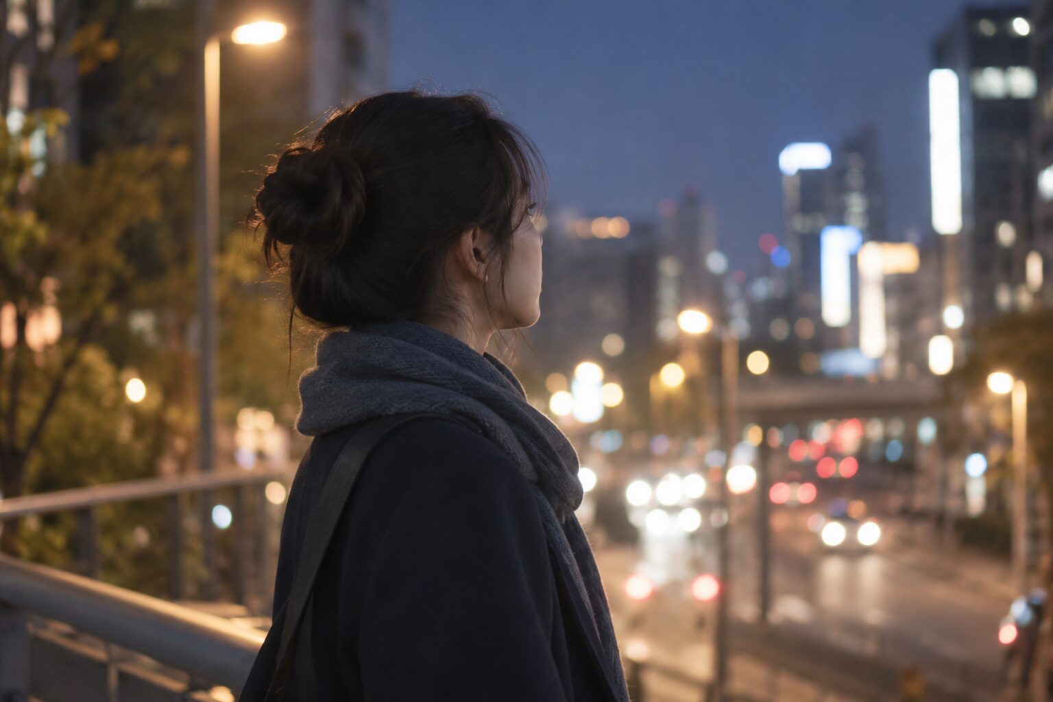 저녁 거리의 번져 보이는 불빛을 바라보는 20대