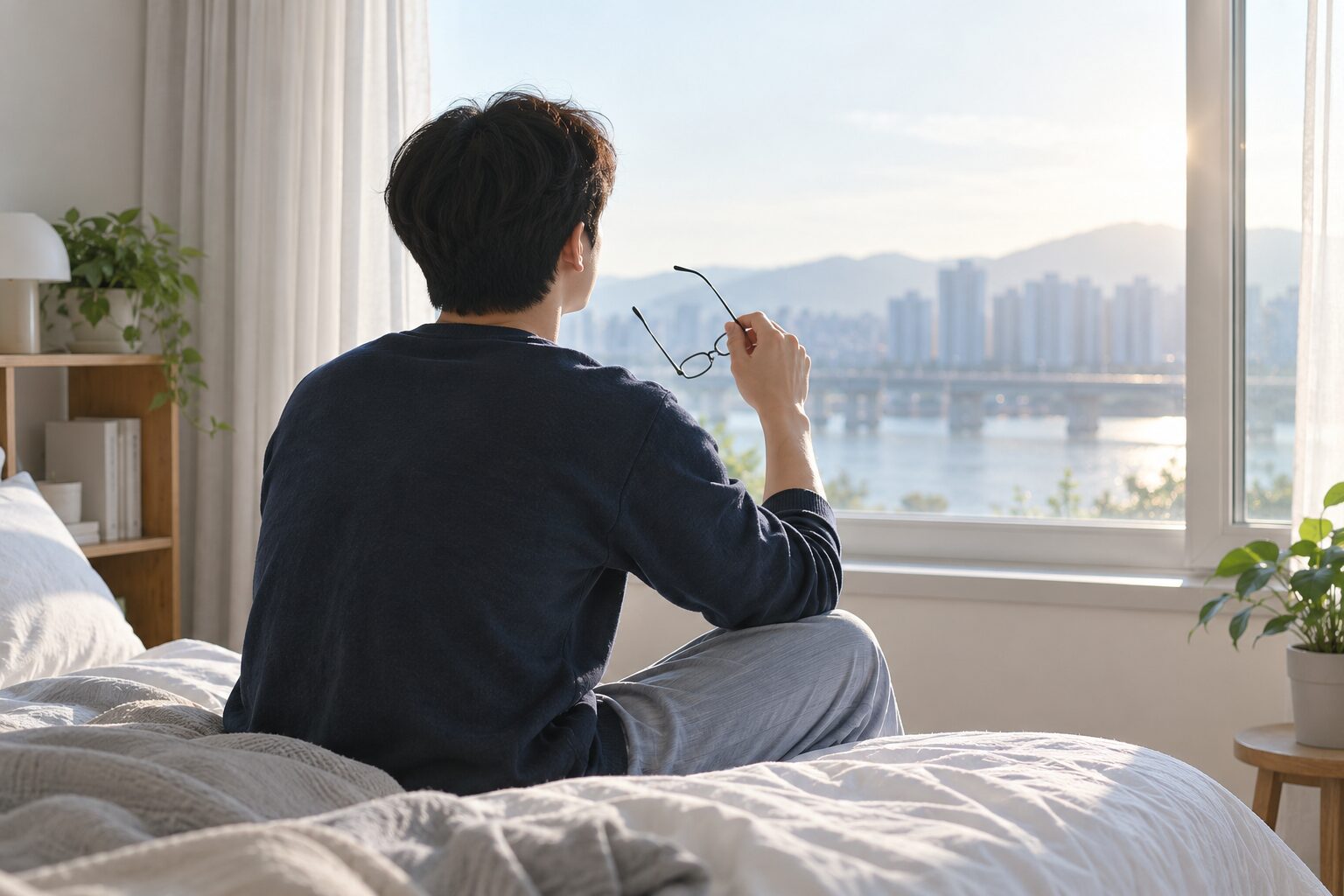 안경을 손에 들고 창밖을 바라보는 20대의 뒷모습