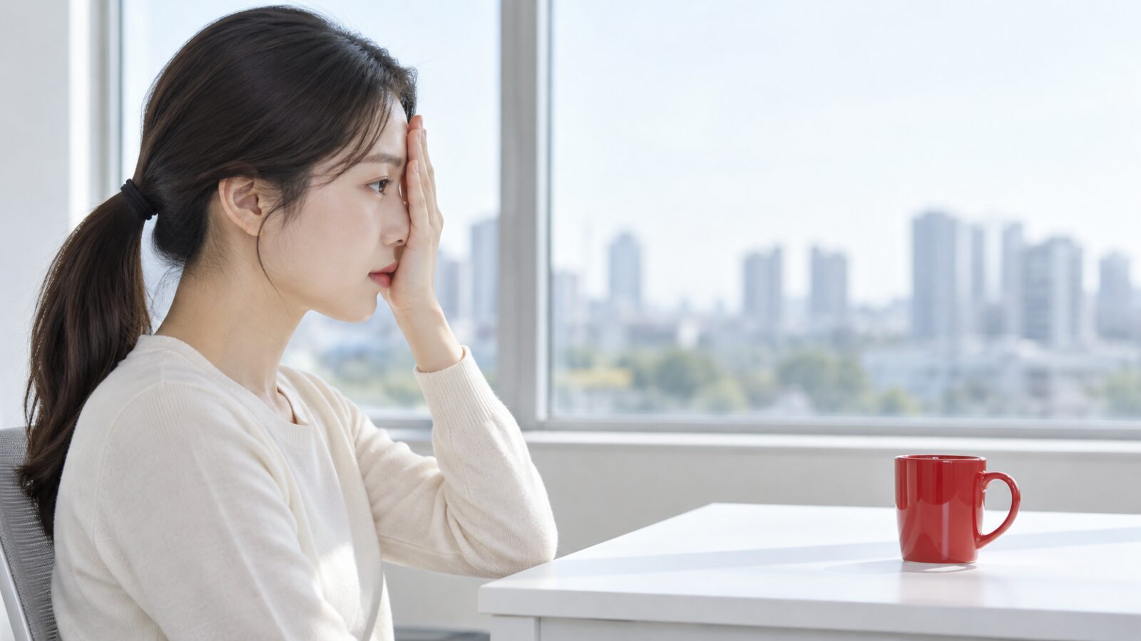 한 눈을 가리고 빨간 컵을 바라보는 20~30대 여성