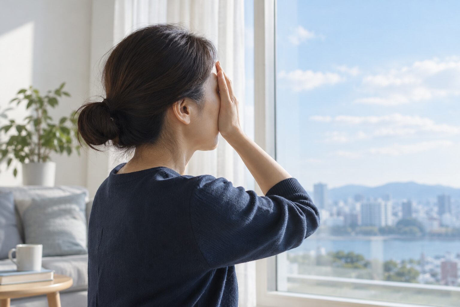 한쪽 눈을 가리고 창밖을 보며 시야를 확인하는 40대