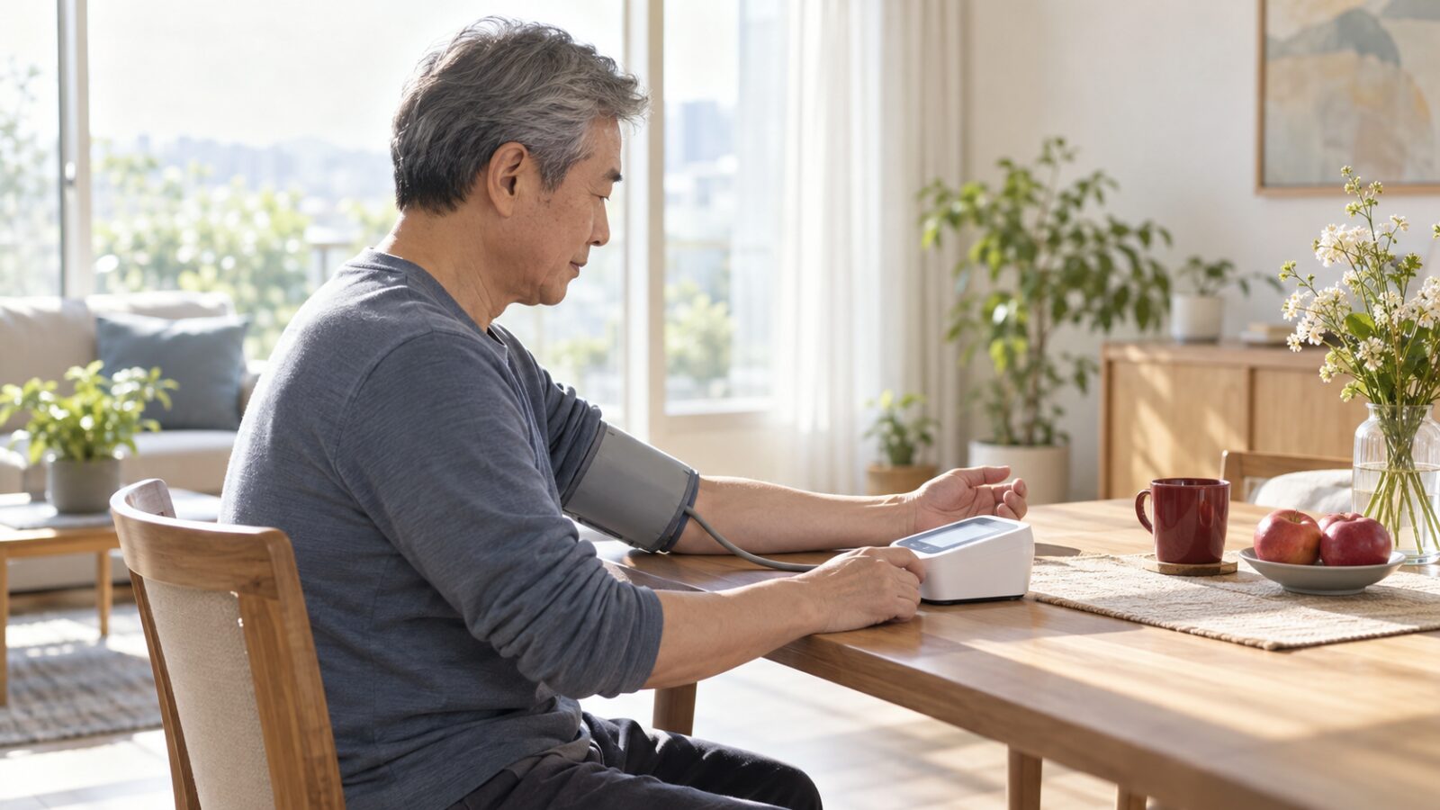 아침 식탁에서 혈압을 재는 60대 남성