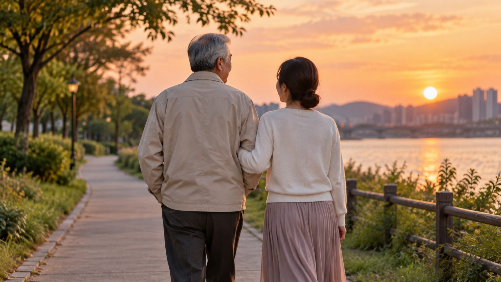 해질녘 산책로를 팔을 잡고 함께 걷는 두 사람