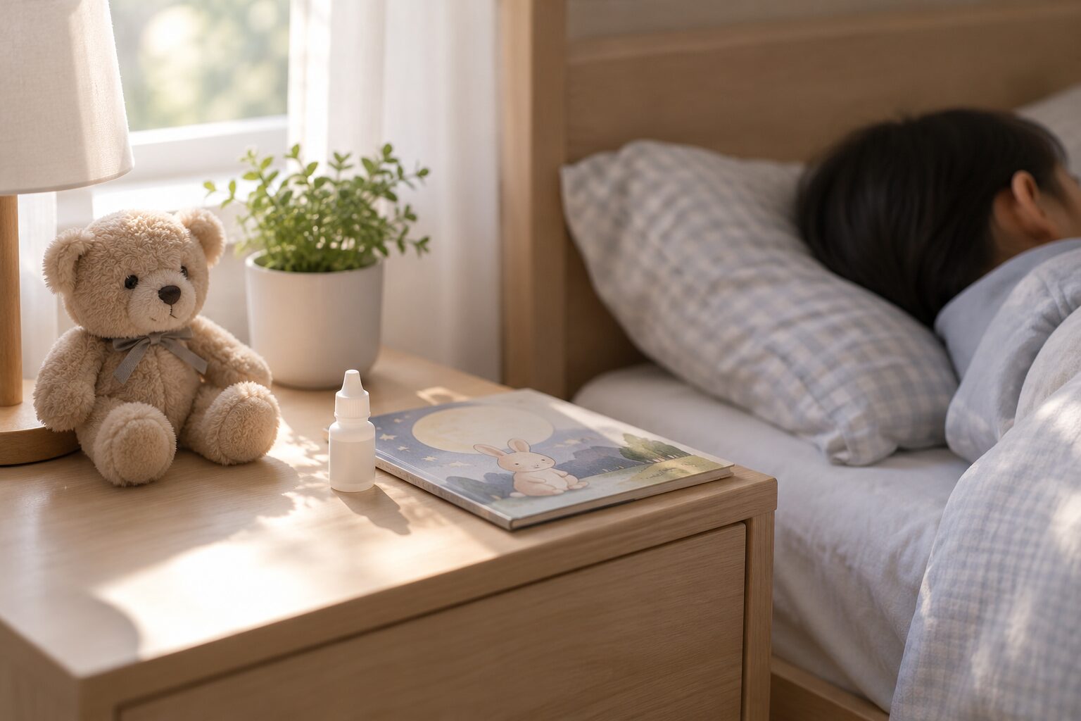 아이 방 협탁의 안약과 그림책, 인형