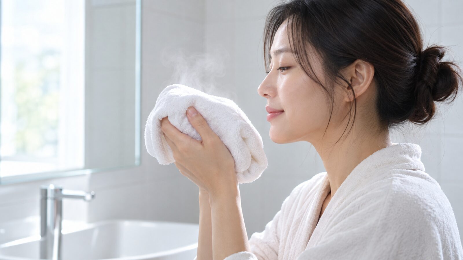 따뜻한 수건을 두 손에 든 30대 여성
