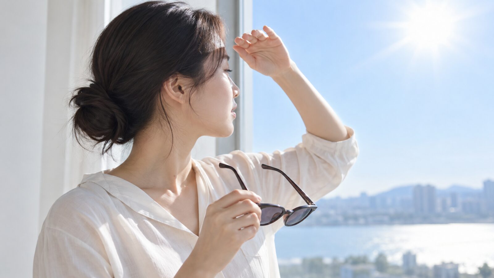 강한 햇빛을 피해 고개를 돌린 30대