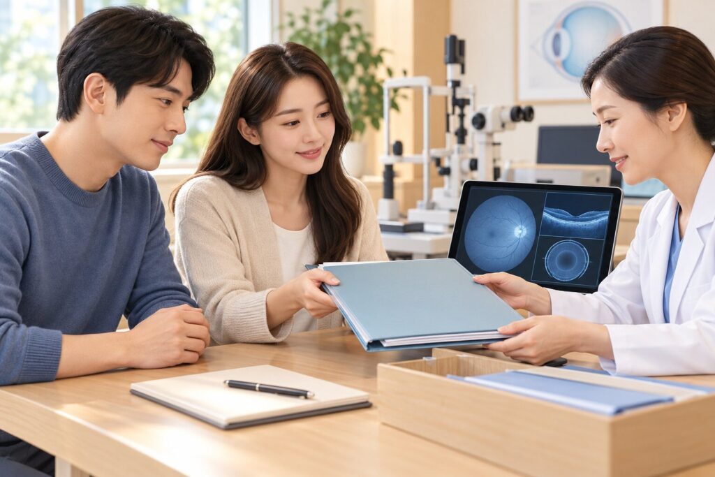눈 검사 기록을 전달하며 후속 진료를 안내하는 의료진