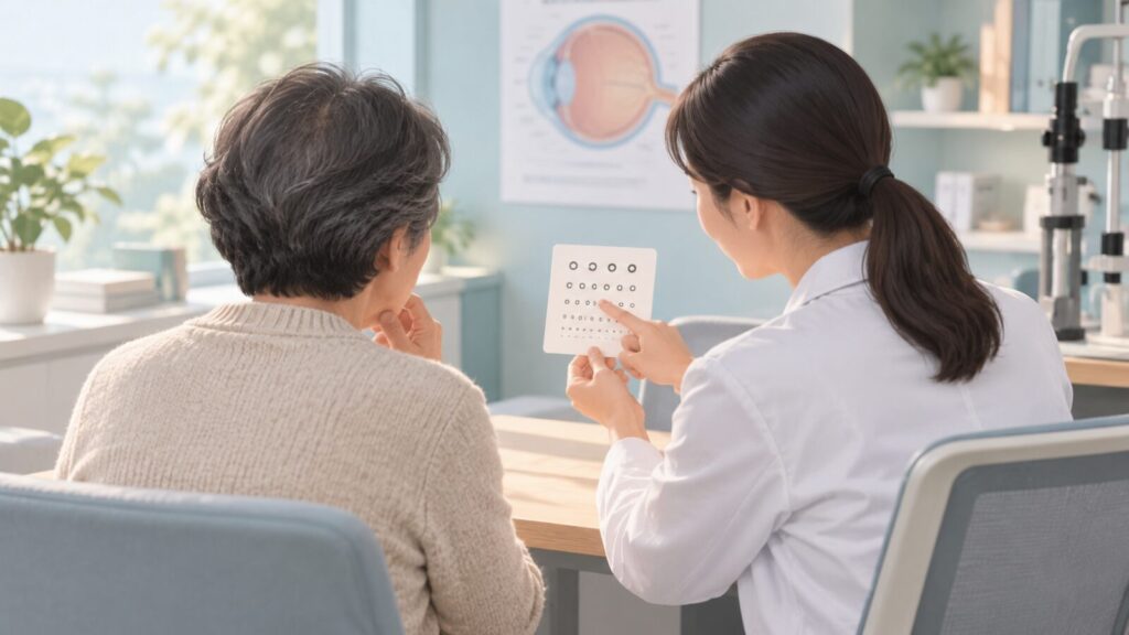 의사가 근거리 시력표로 중년 여성의 시력을 확인하는 장면