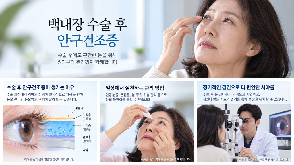 백내장 수술 후 안구건조증의 원인과 관리를 소개한 그림