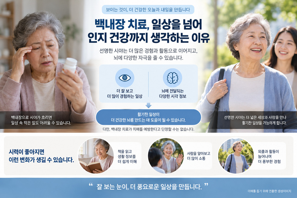 백내장 치료와 인지 건강을 함께 생각하는 이유를 정리한 그림