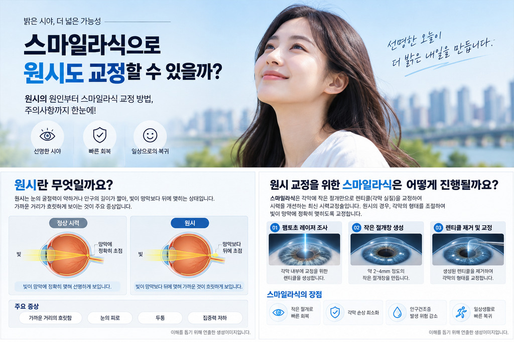 스마일라식으로 원시를 교정하는 원리와 경과를 설명한 그림