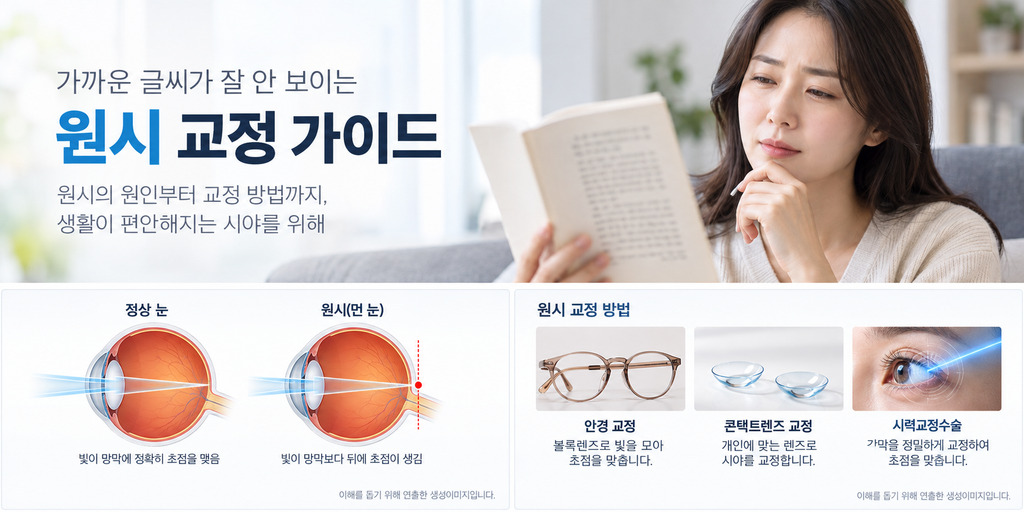 원시 교정이 근시 교정과 다른 점을 소개한 가이드 그림