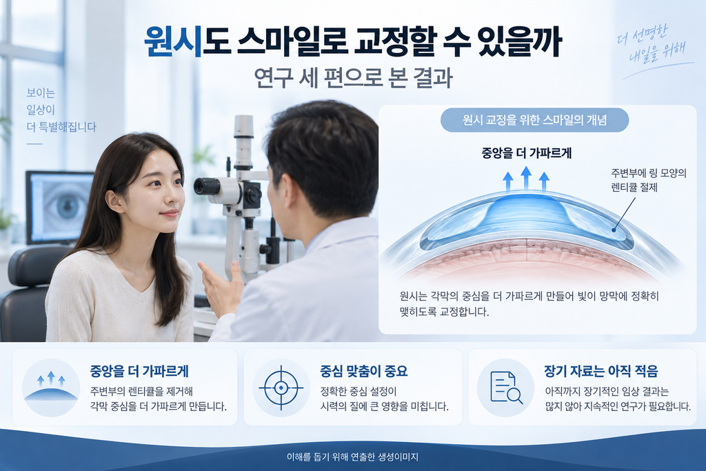 원시 스마일 교정 연구 세 편을 의사가 설명하는 장면