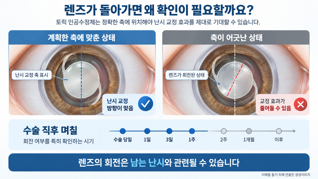 토릭 렌즈가 계획한 축에서 돌아갔을 때의 차이와 확인 시기